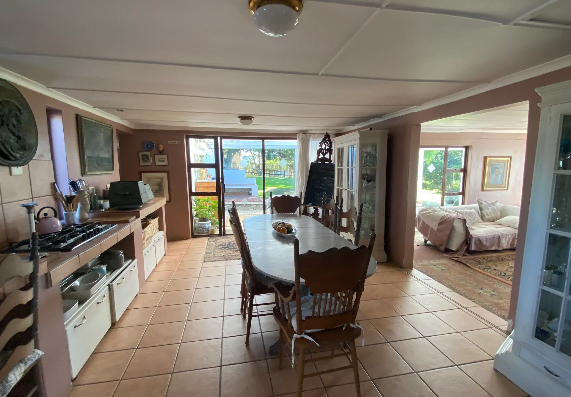 Dining hall with ocean view and vintage furniture