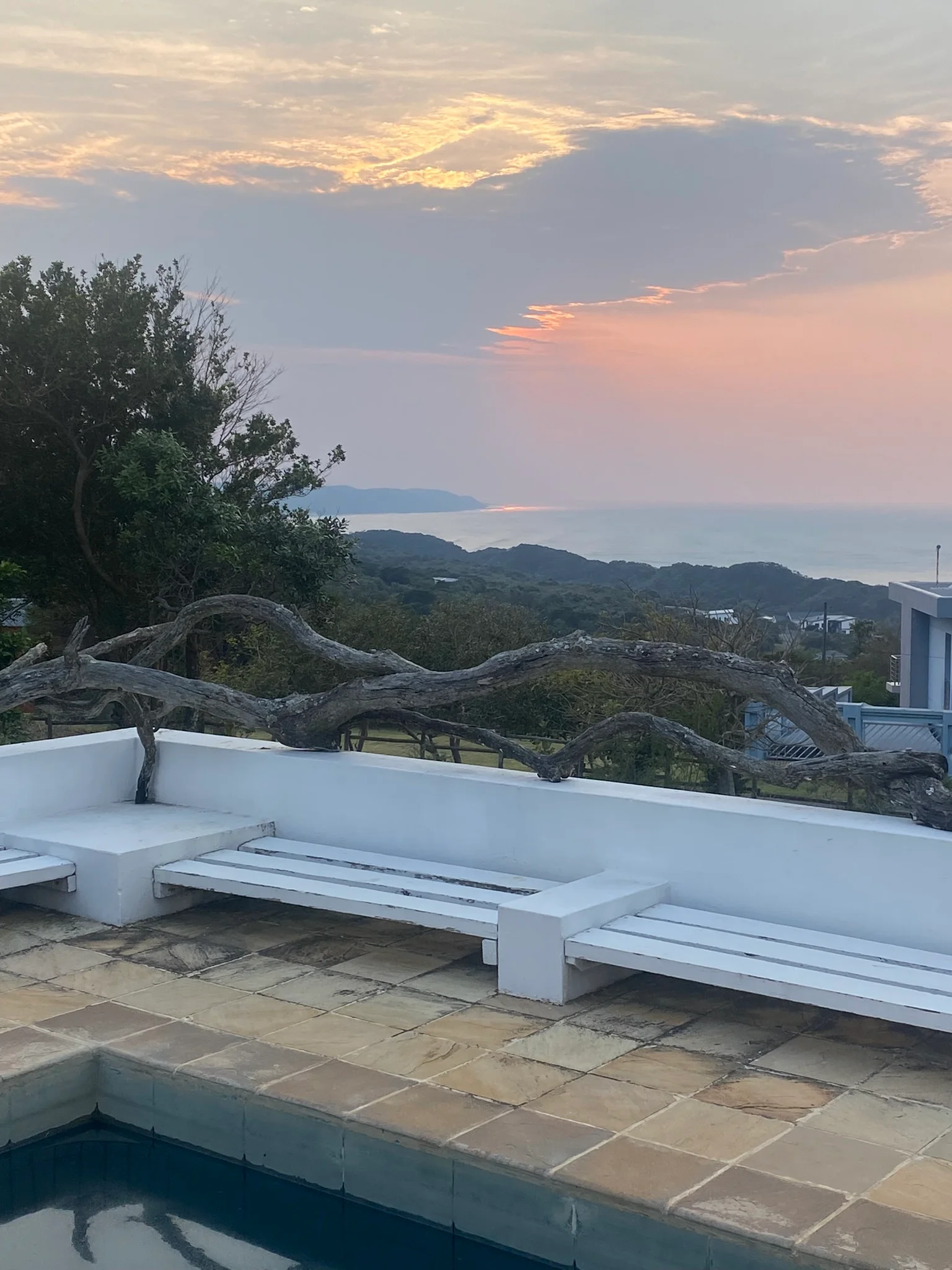 Sunset ocean view from swimming pool area with driftwood
